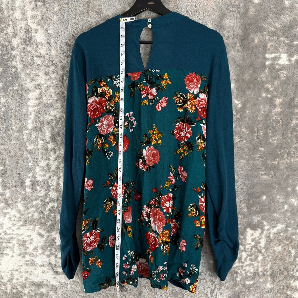 New Suzanne Betro Plus Size 1X Floral Back Cowl Neck Tunic Teal Long Sleeve Wmn - Picture 2 of 6